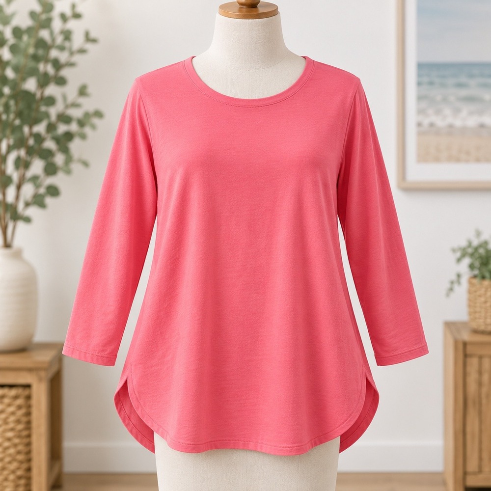 NEW Susan Graver Liquid Knit Top Small Pink 3/4 Sleeve Scoop Neck Curved Hem